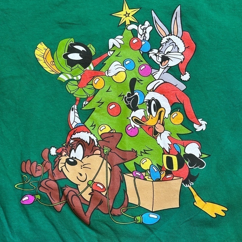 Looney Tunes Character Graphic Print Tee Green Multicolored T-Shirt Size M Xmas - Picture 5 of 5